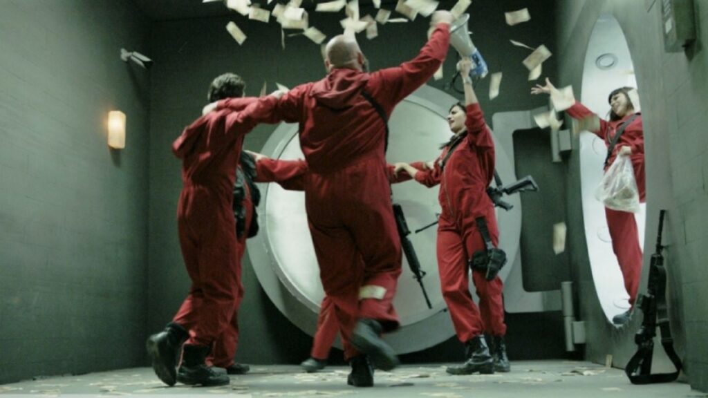 Atracadores celebrando en 'La casa de papel'