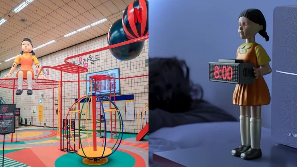 Parque temático y despertador con la muñeca de 'El juego del calamar'