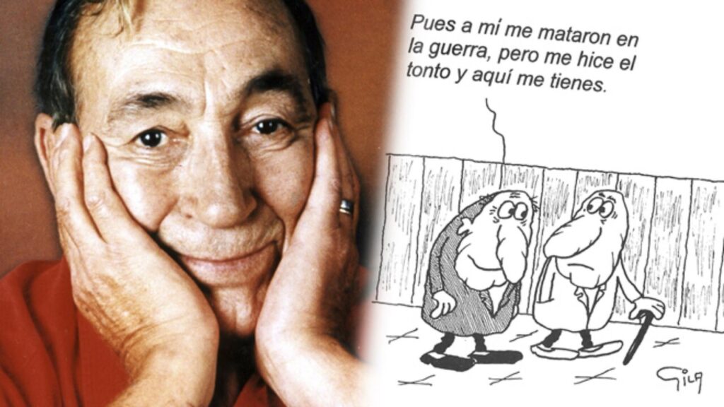 Miguel Gila junto a viñeta